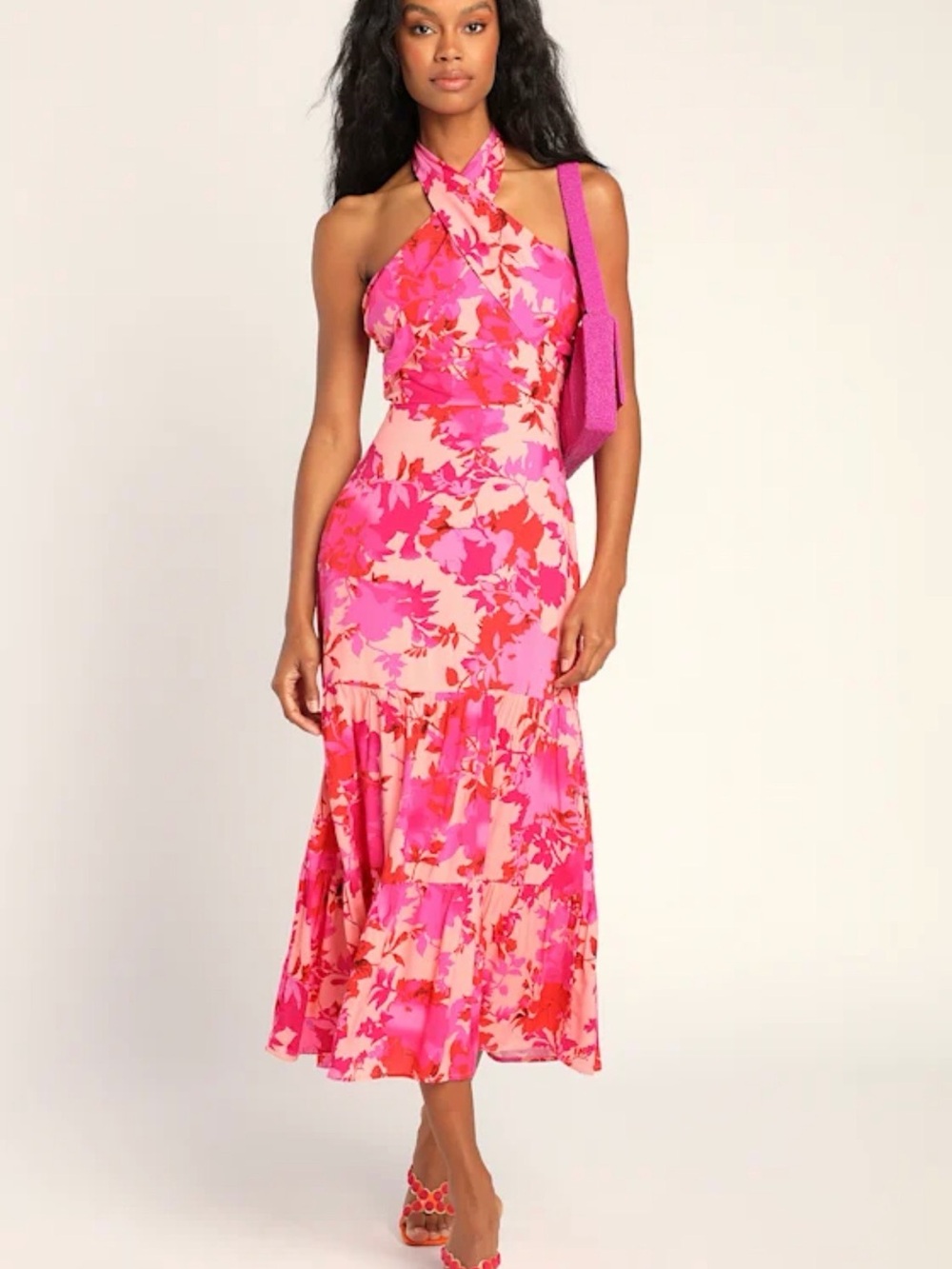 Lulu's Pink and Orange One-Shoulder Floral Midi Dress -Worn Once